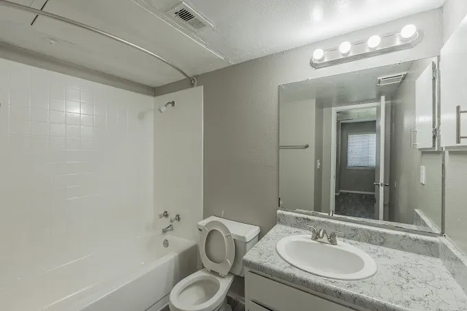 Vanity with integrated sink, stone-finish countertop, and wall-mounted light fixture