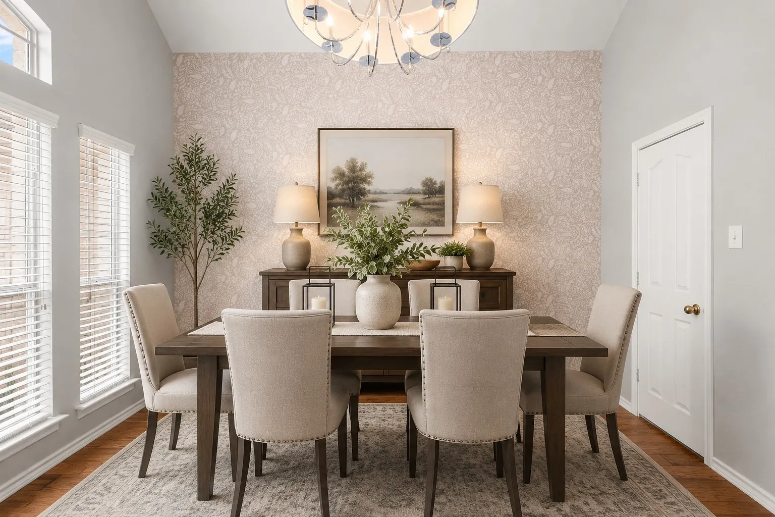 Wood-finish flooring, white window blinds, and a decorative accent wall