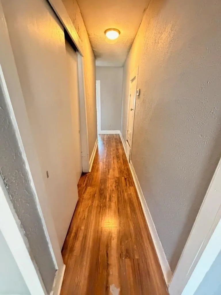 Wood-finish flooring with baseboard trim and a flush-mount ceiling light fixture