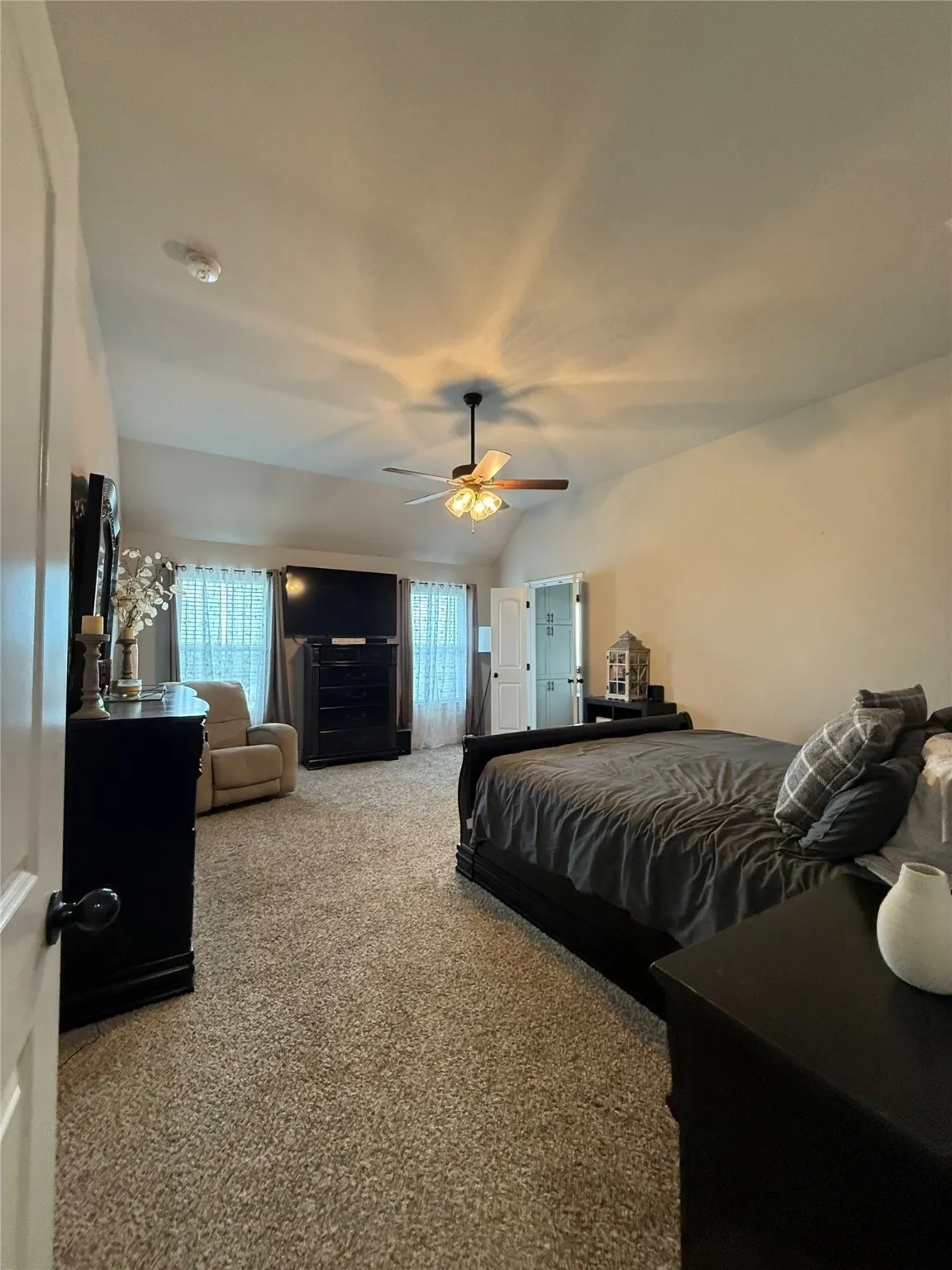 Tray ceiling with a ceiling fan light fixture, wall-to-wall carpeting, and multiple windows with drapery
