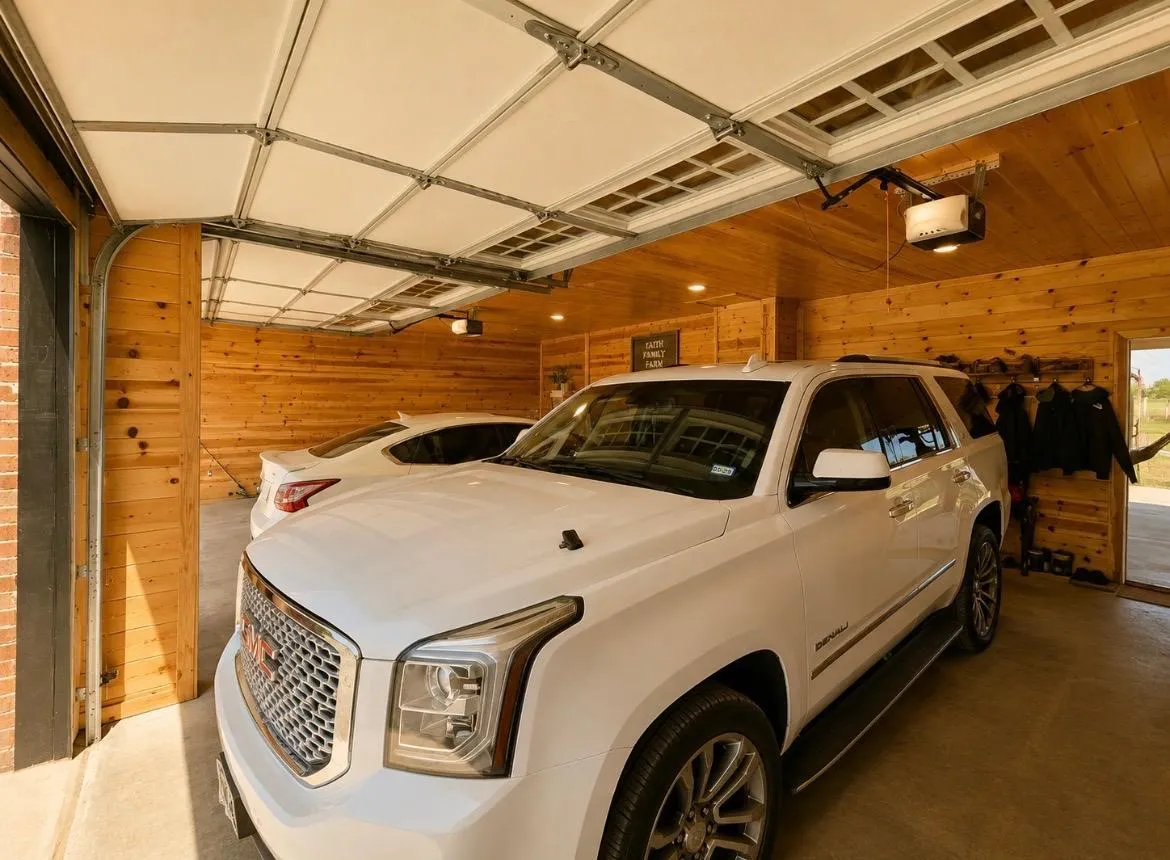 Wood-paneled garage interior with a concrete floor, equipped with recessed lighting and a ceiling-mounted garage door opener