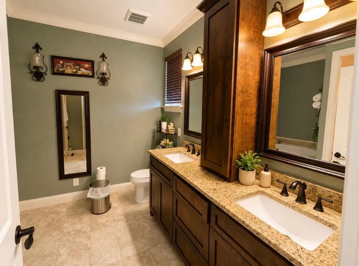 Dual vanity with undermount sinks, stone countertops, and dark wood-finish cabinetry