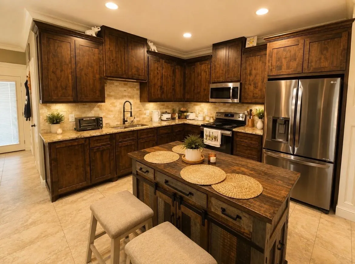 Kitchen featuring dark wood cabinetry, light-toned stone countertops, a tile backsplash, stainless steel appliances, and a central wood-finish island