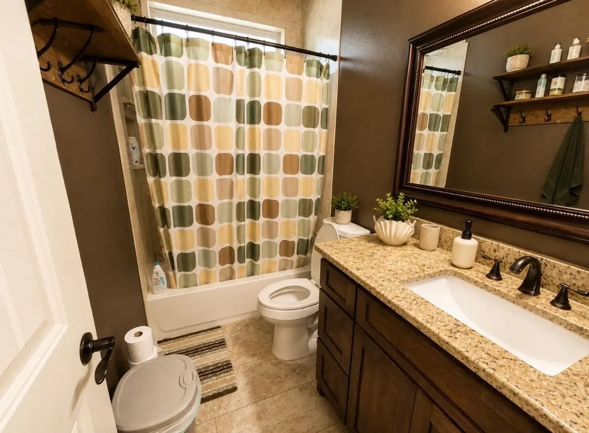 Bathroom featuring a shower-tub combination, a vanity with a light-toned countertop, a built-in sink, and a framed mirror