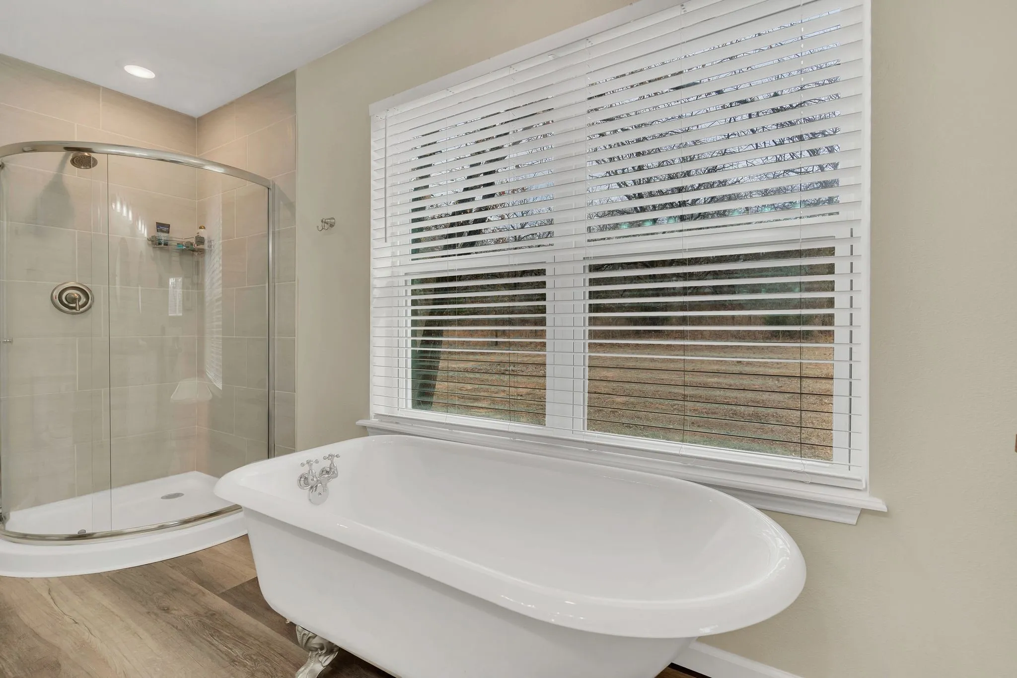 Freestanding clawfoot bathtub, wood-finish flooring, glass-enclosed shower, wall-mounted shower fixture, recessed lighting