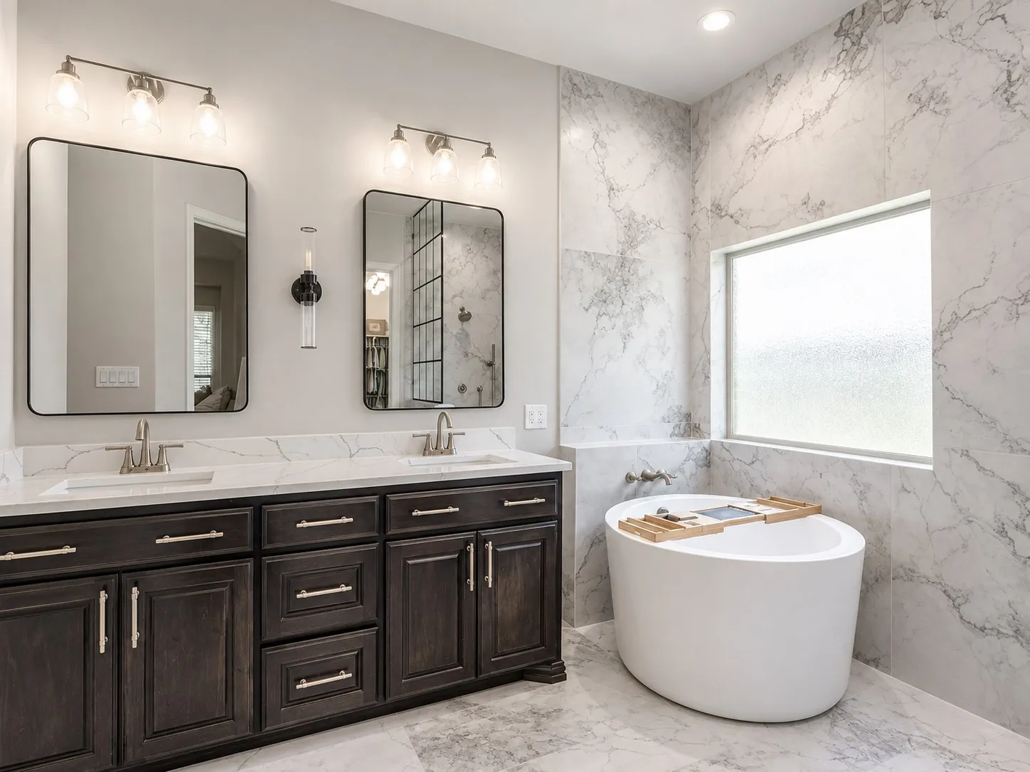 Dual vanity with dark wood-finish cabinetry, white countertops, and undermount sinks