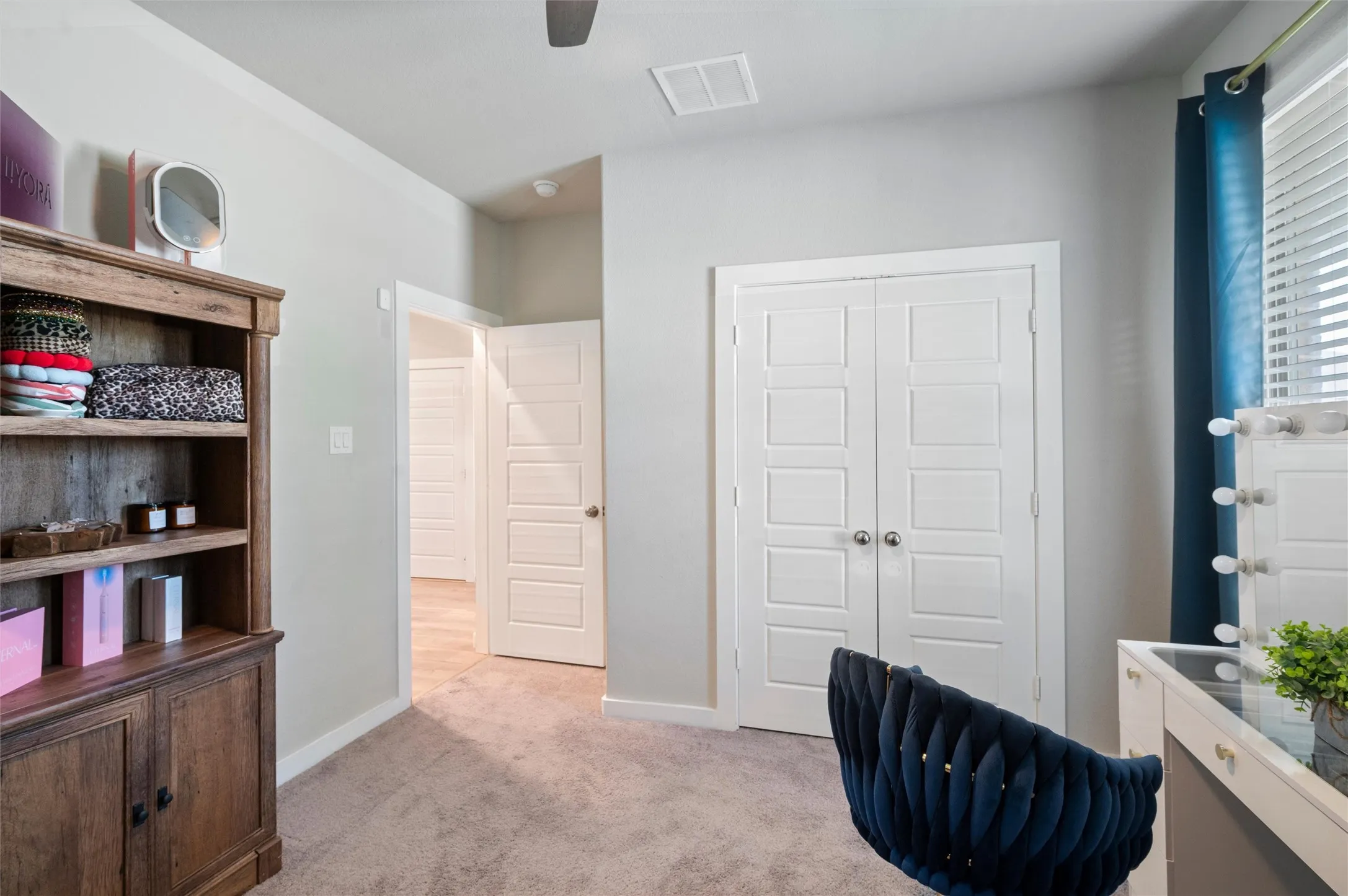Plush carpeting, light gray wall finishes, white paneled doors, and a ceiling fan