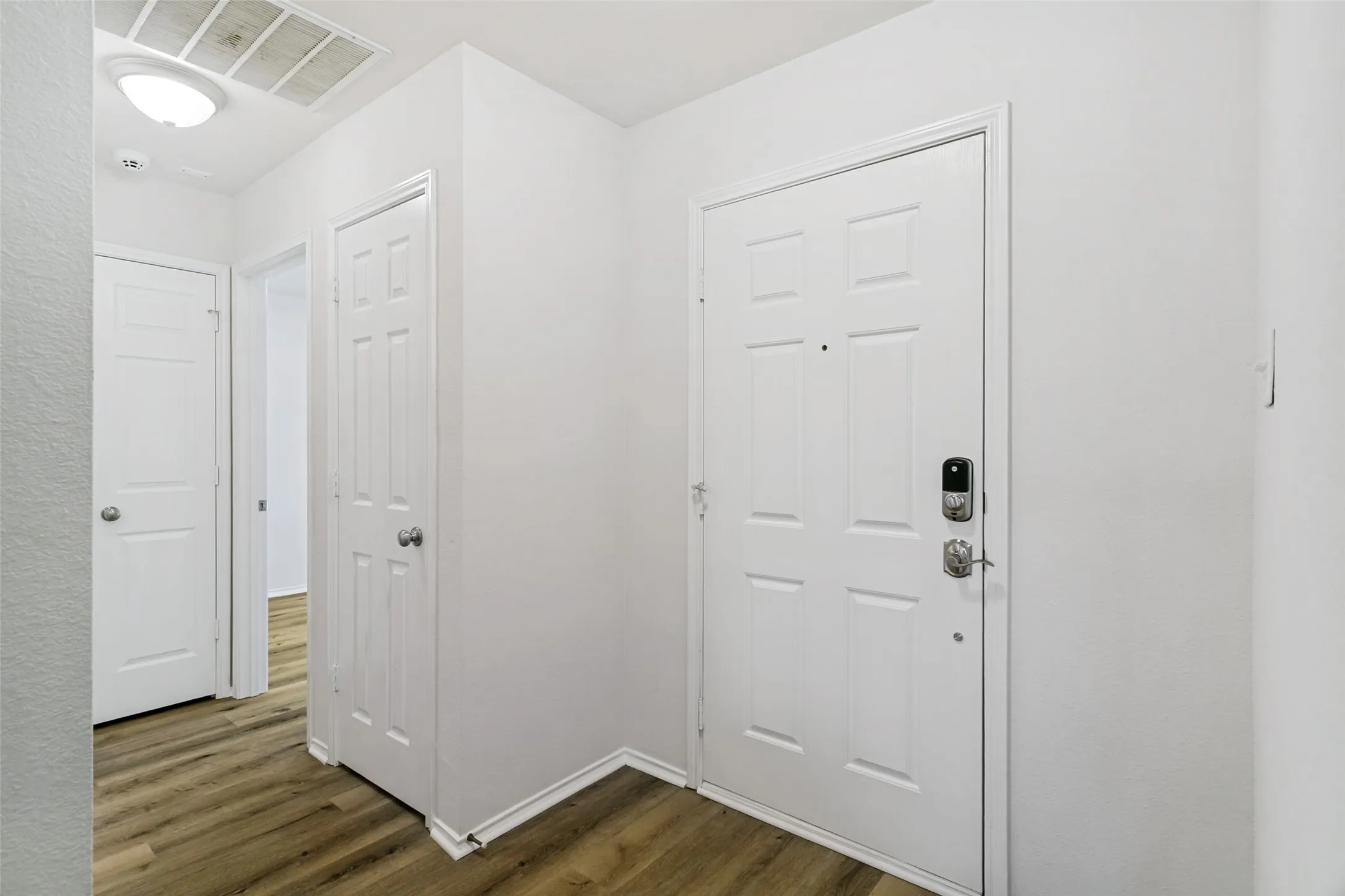 Entryway featuring wood-finish flooring, white paneled doors, and a flush mount ceiling light