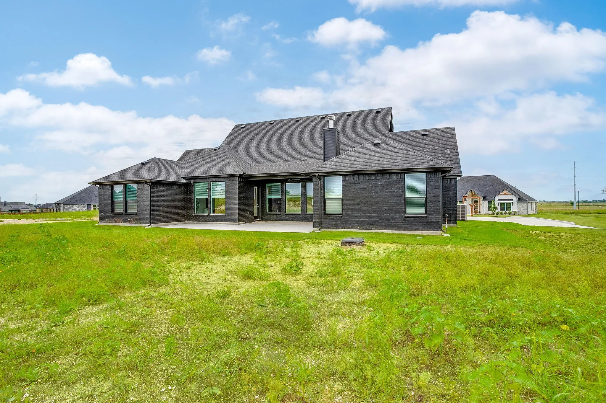 Rear exterior with black brick facade, dark shingle roof, multiple windows, and a concrete patio