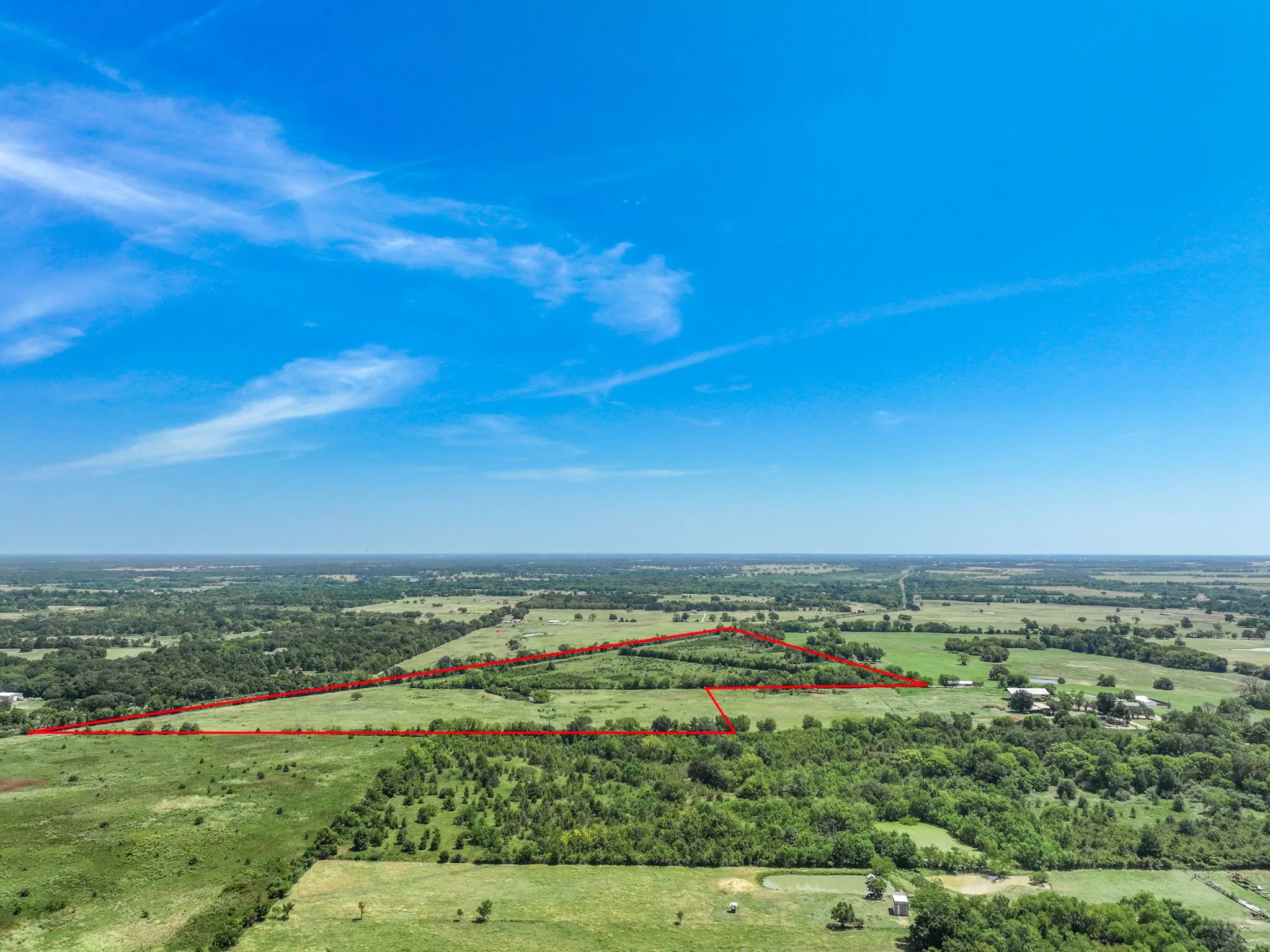 Expansive acreage featuring open fields, scattered mature trees, and a distant tree line
