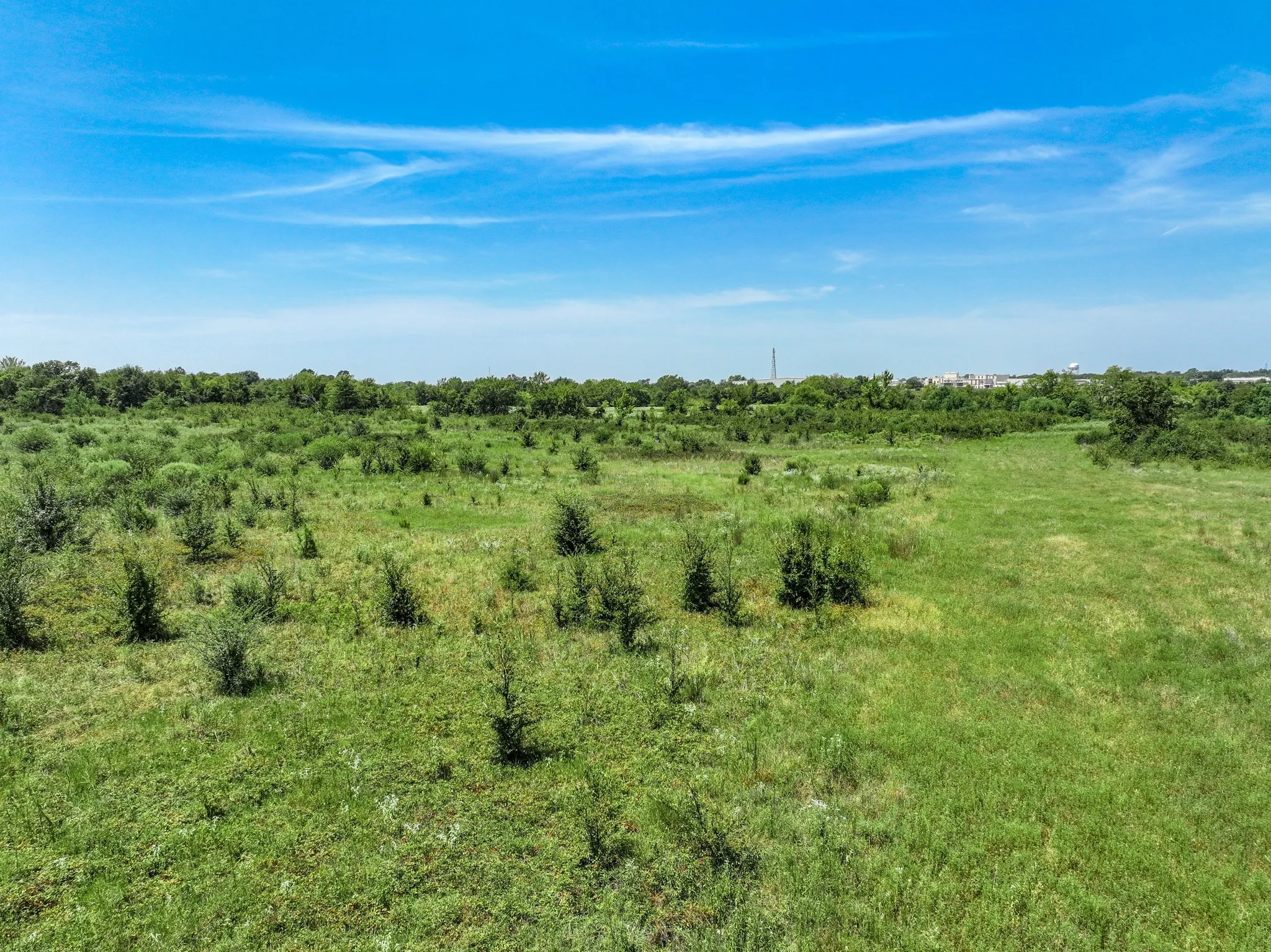 Expansive green landscape featuring varied vegetation, open fields, and distant structures under a clear sky