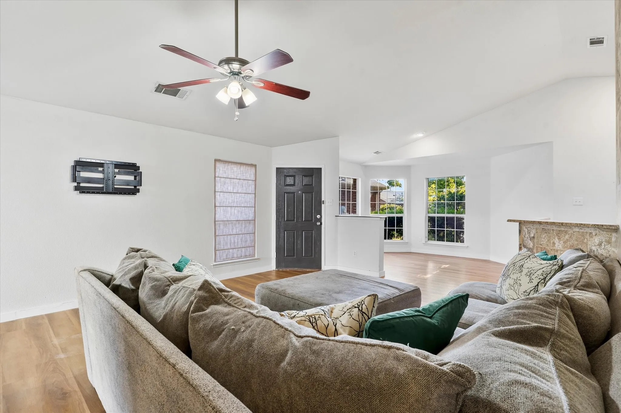 Vaulted ceiling with fan