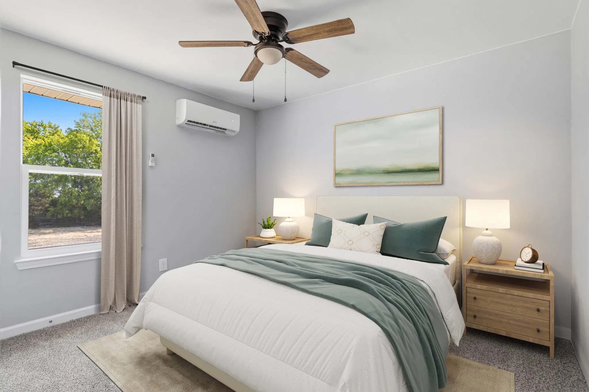 Carpeted flooring, window with natural light, integrated wall-mounted air conditioning, unit, ceiling fan with light fixture, and light-toned walls, virtually staged