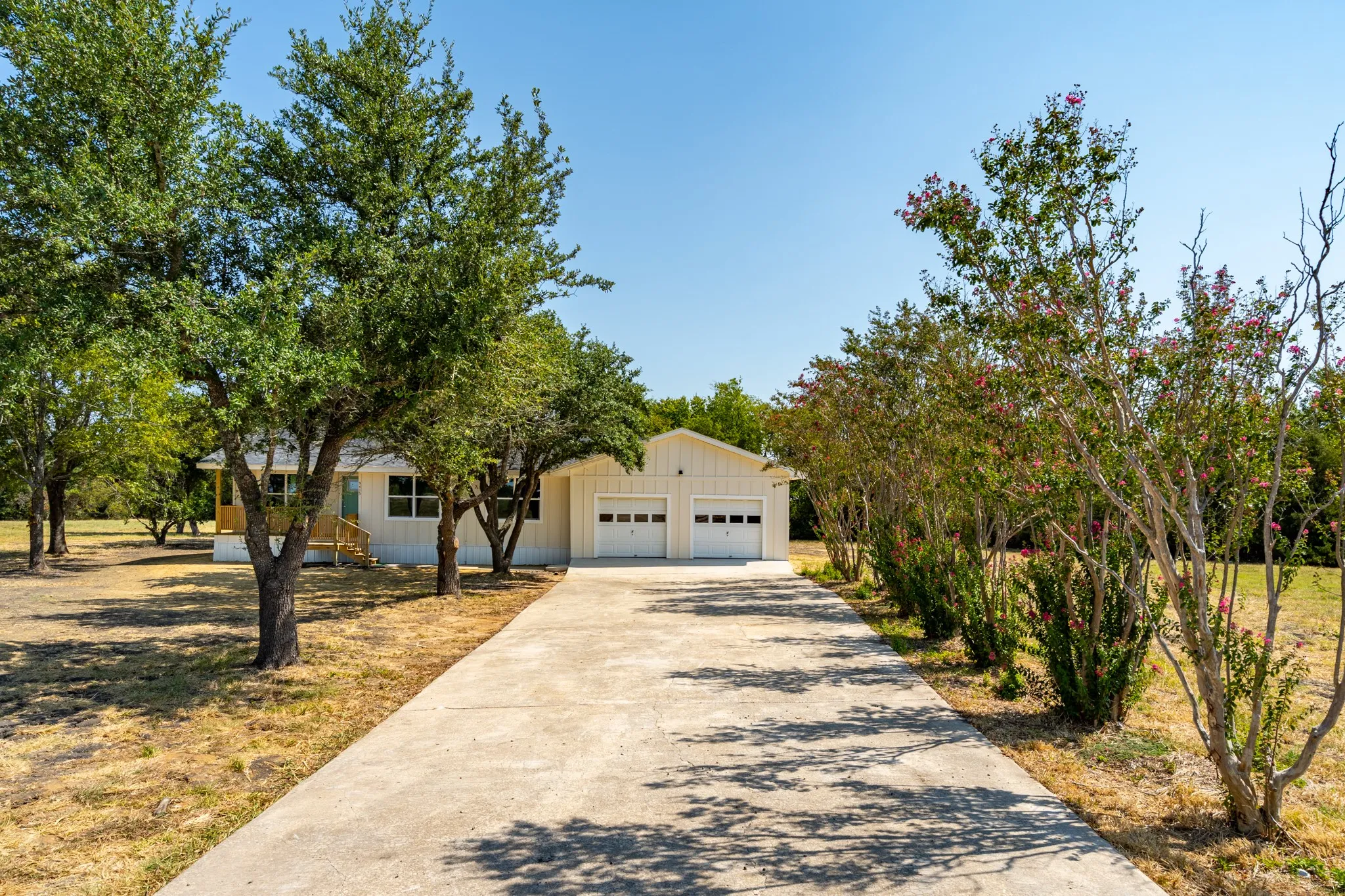 Concrete driveway bordered by mature trees and flowering shrubs