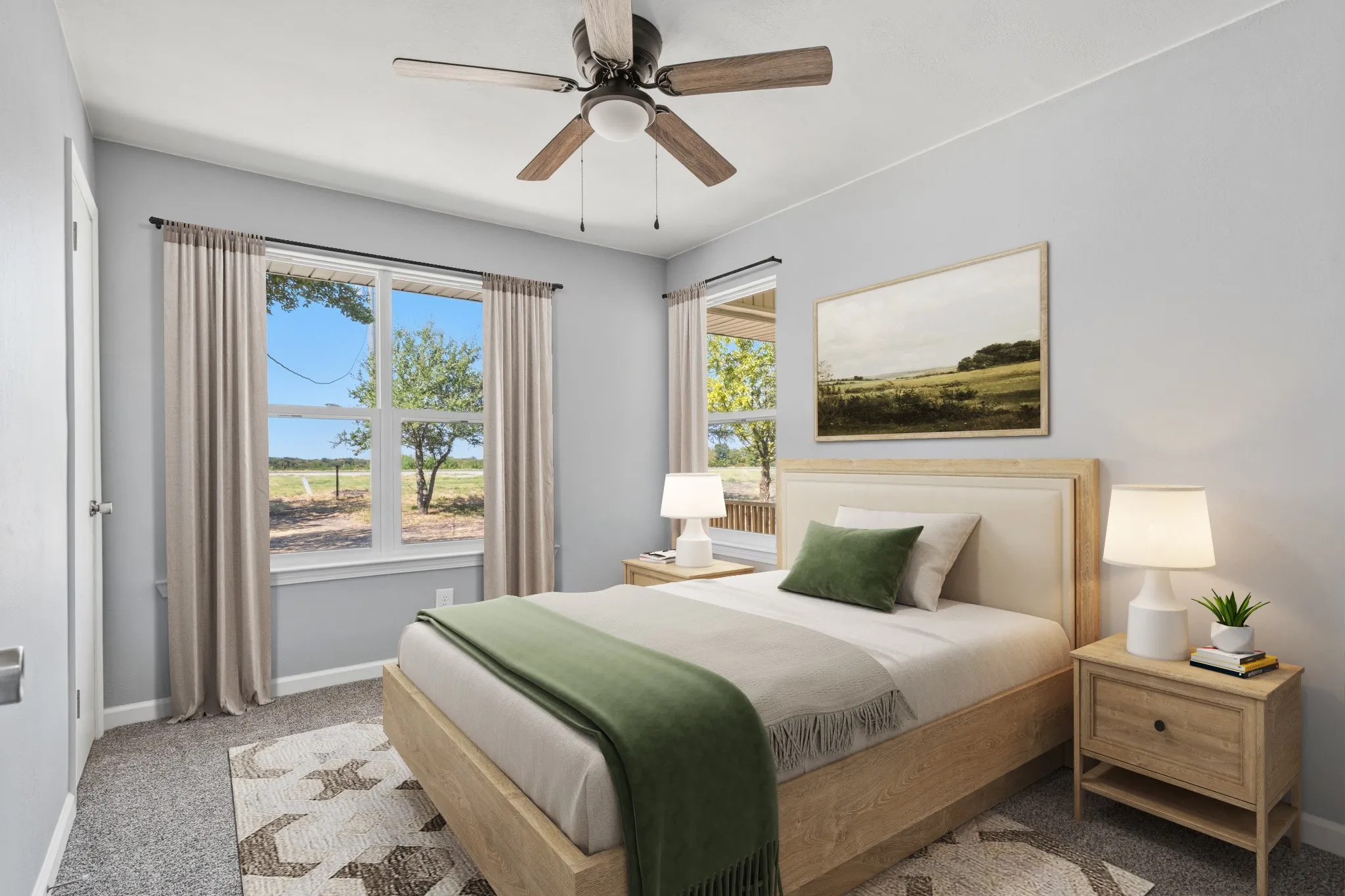 Ceiling fan with wood-finish blades, virtually staged