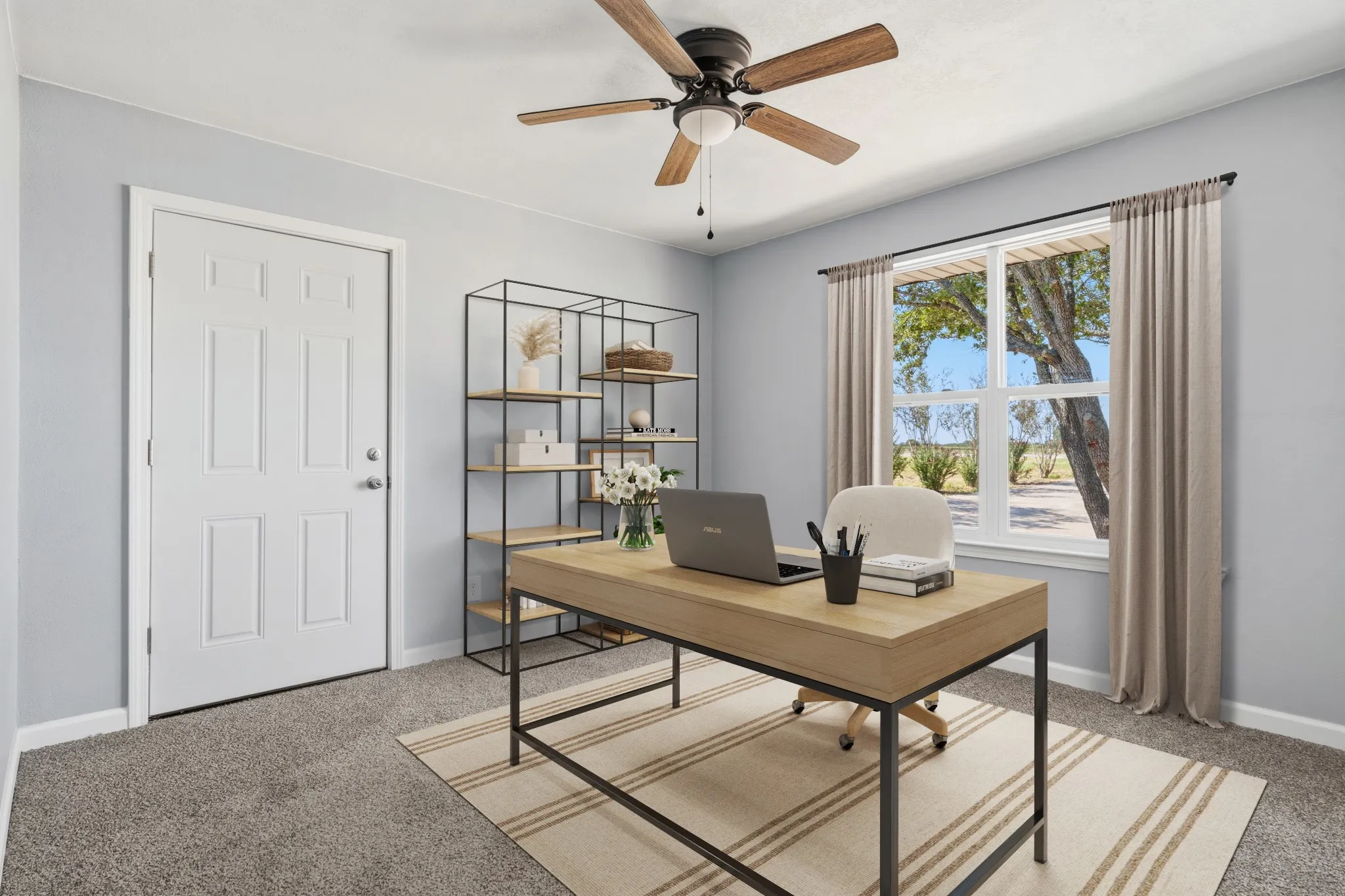 Recessed window with exterior scenery, overhead ceiling fan with light, and wall-to-wall carpeting, virtually staged