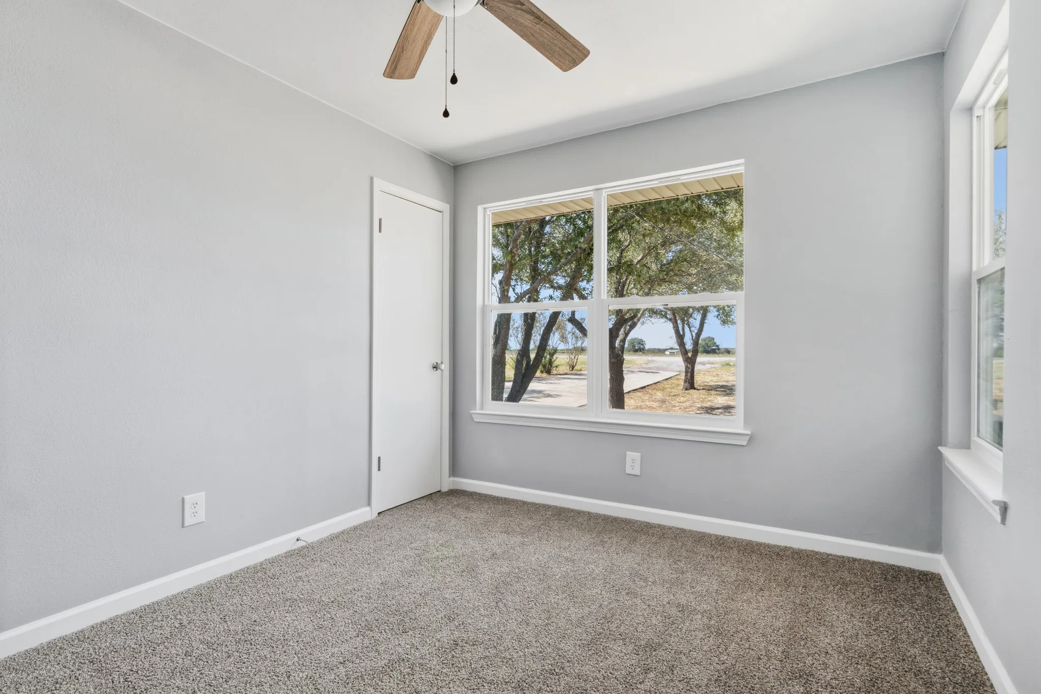 Neutral tone wall paint with white trim, gray carpet flooring, wood-finish ceiling fan, and white framed windows