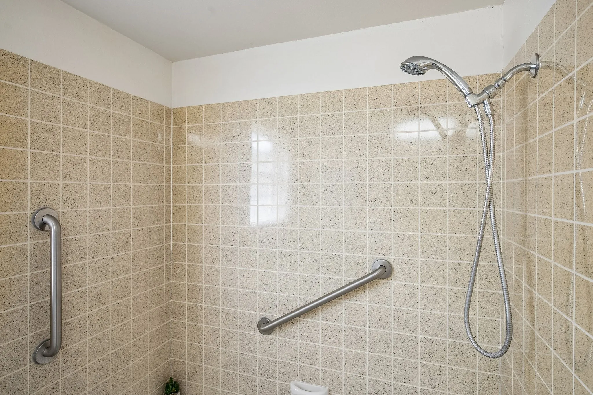 Earthy vintage tile accompanies the hall bath.