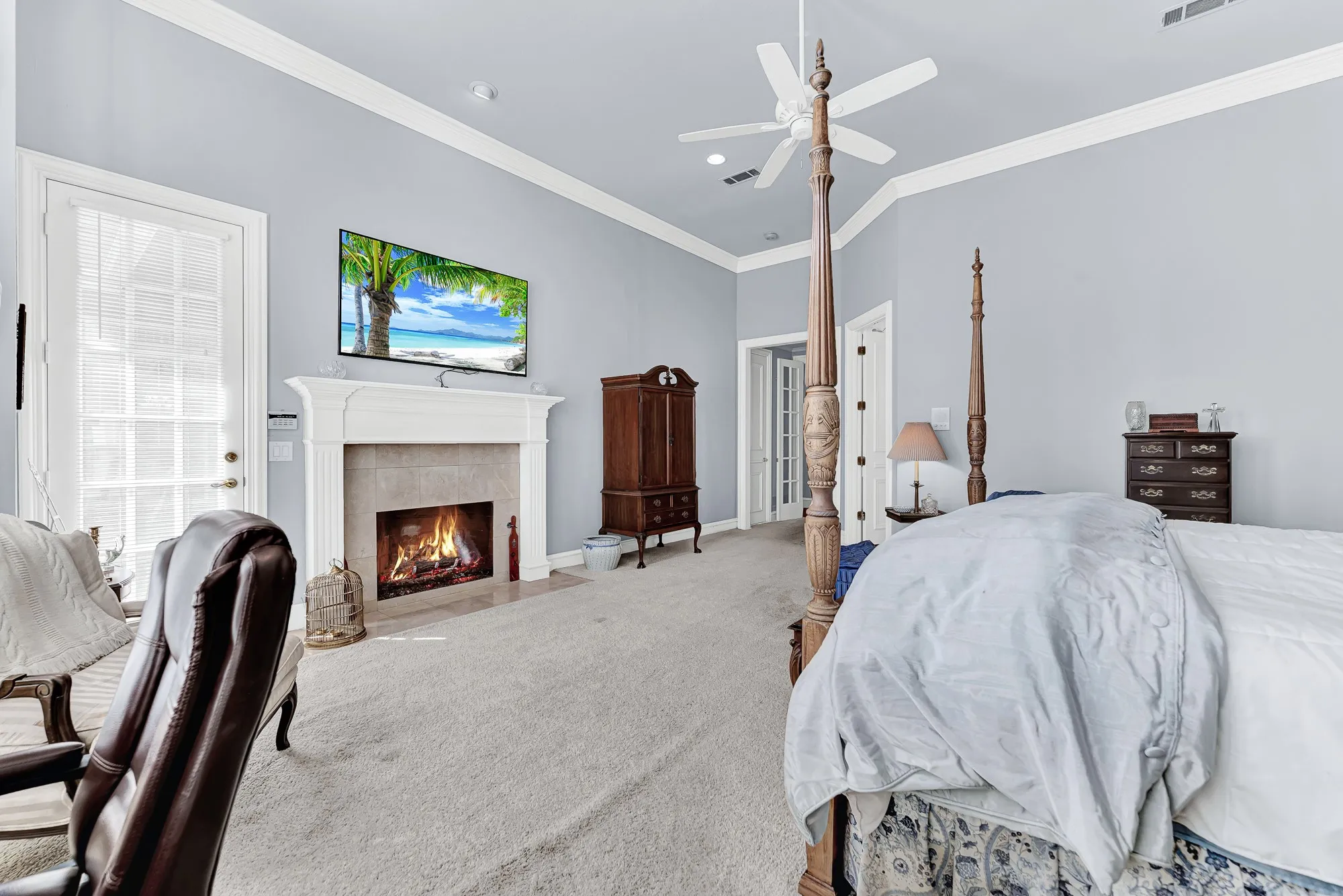 A sleek gas fireplace brings instant warmth and atmosphere to the expansive sleeping quarters. Cozy up under the covers with a classic movie on cold winter nights.