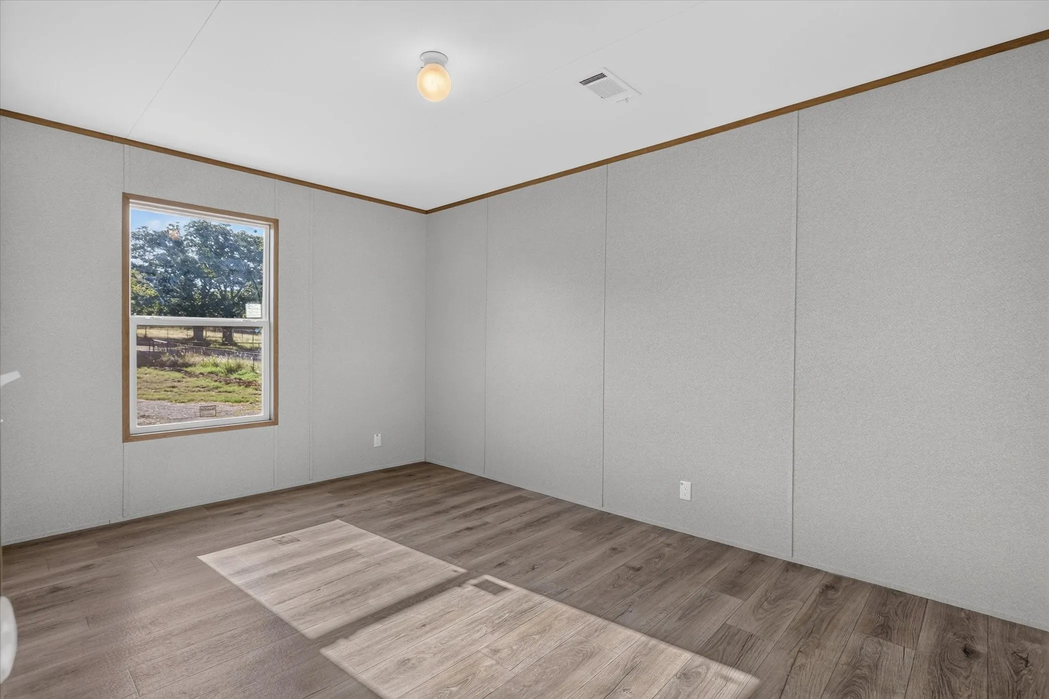 Wood-finish flooring, neutral wall paneling, and a flush-mount ceiling light