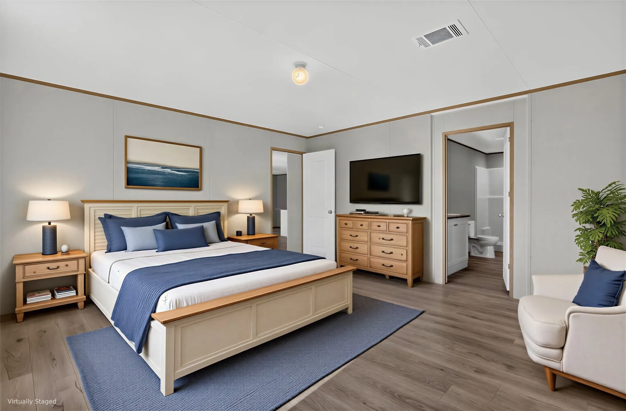 Wood-finish flooring, light gray walls, white trim, and a ceiling-mounted light fixture. Furniture is Virtually Staged