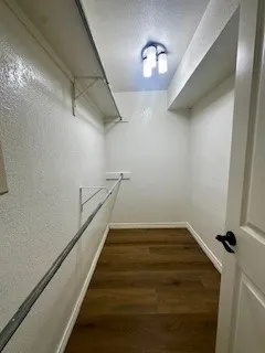 Walk in closet with wood look finished floors/more shelving going in (not shown)