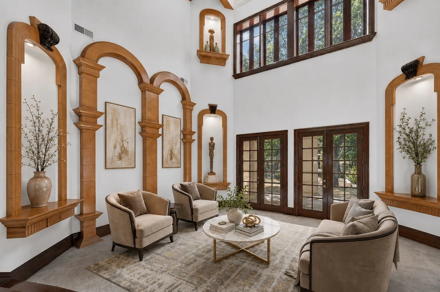 Natural light streams through custom windows. This photo has been virtually staged