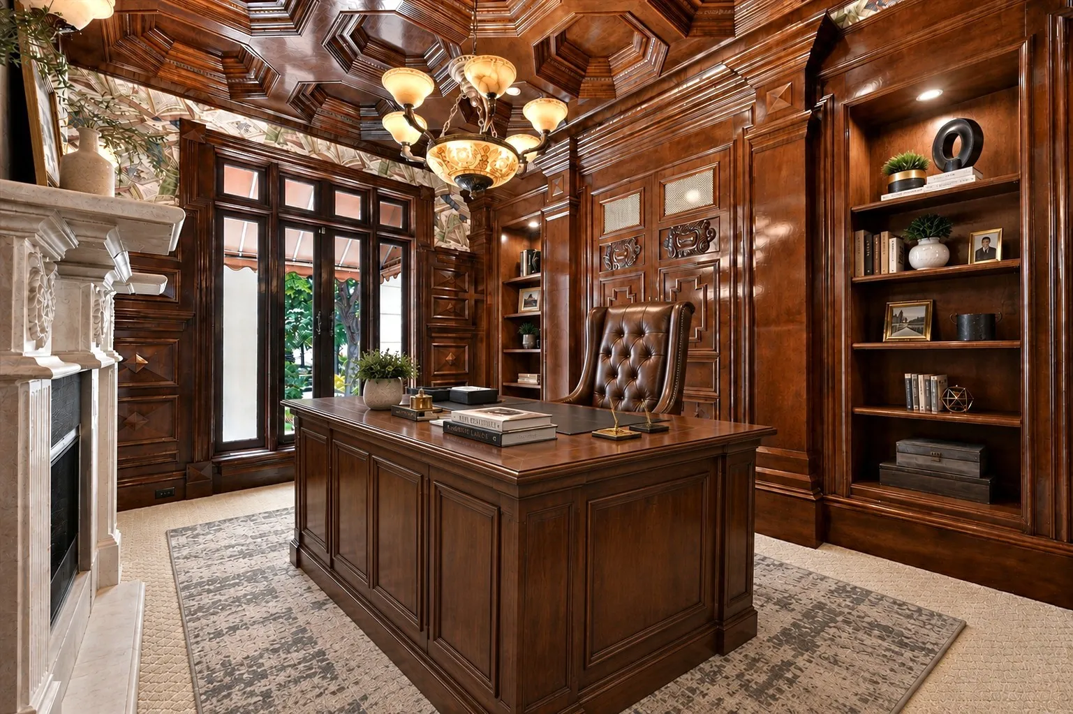 Multiple fireplaces add warmth to the home, while the executive home office features pocket doors, built-ins, and a see-through fireplace. This photo has been virtually staged