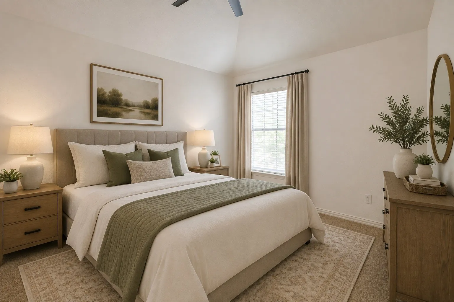 Vaulted ceiling with a ceiling fan, window with blinds and drapes, and plush carpeting. Photo virtually staged using AI.