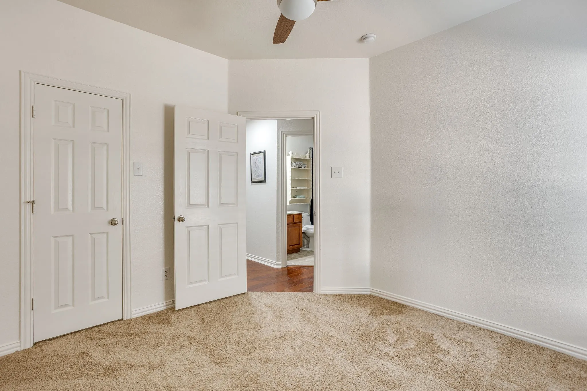 Carpeted flooring, white trim, paneled doors, and a ceiling fan