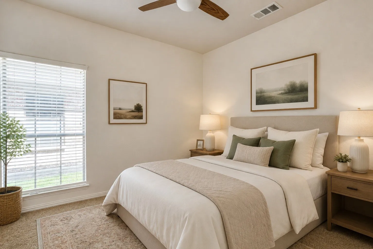 Carpeted flooring, window with blinds, ceiling fan, recessed lighting, and a neutral wall color. Photo virtually staged using AI.