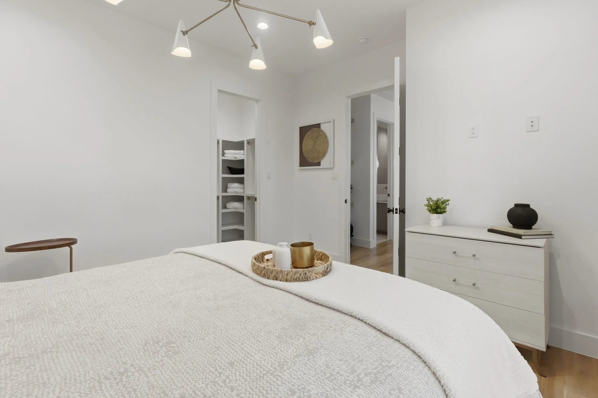 Recessed lighting, wood-finish flooring, and built-in closet shelving