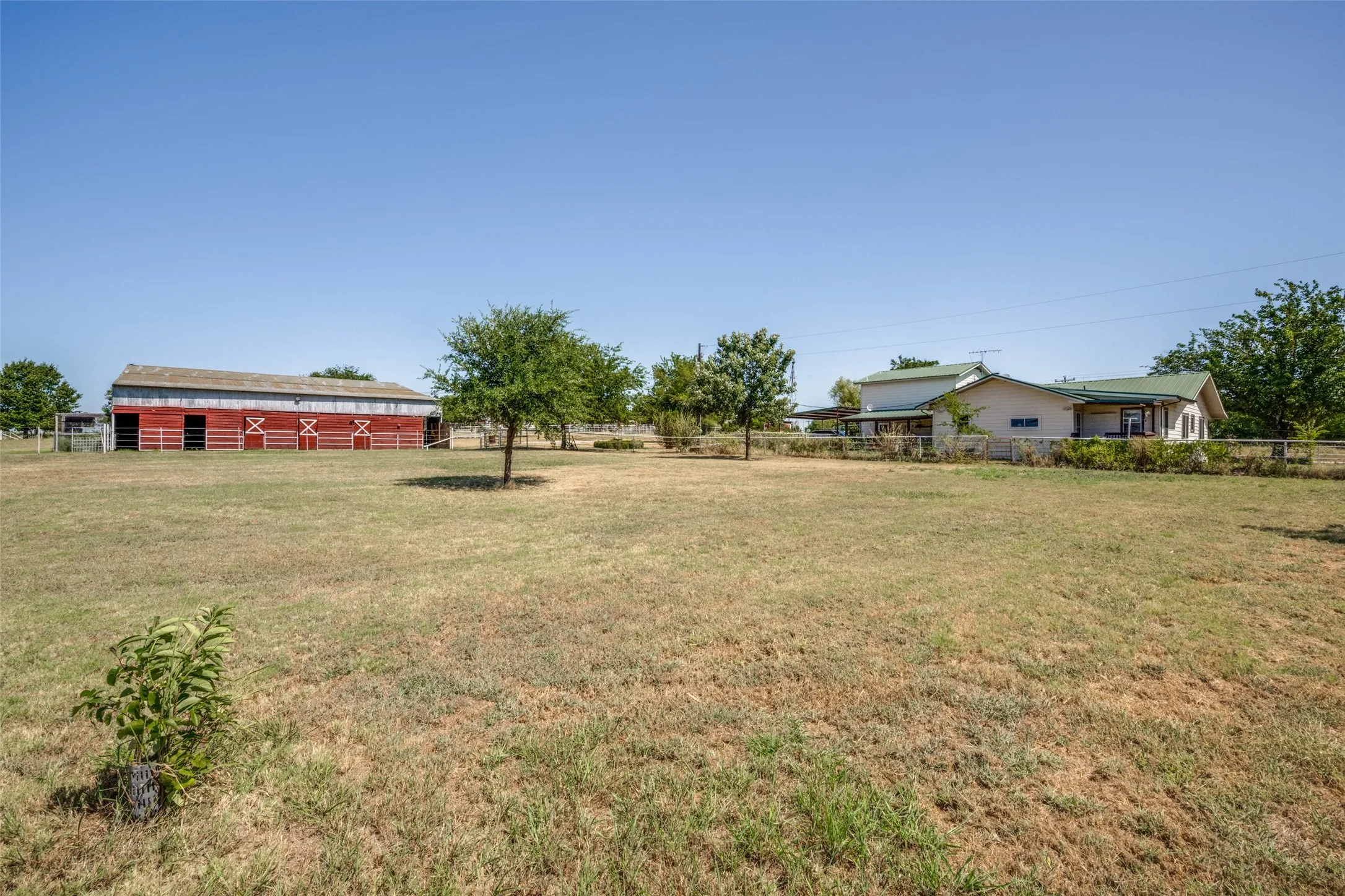 Expansive open field with a red barn structure, adjacent residential building with a green roof, and scattered mature trees