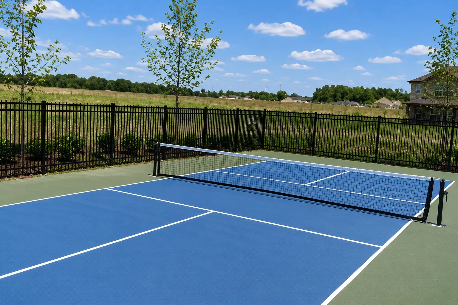 Blue and green multi-sport court with a net, featuring a black metal fence border