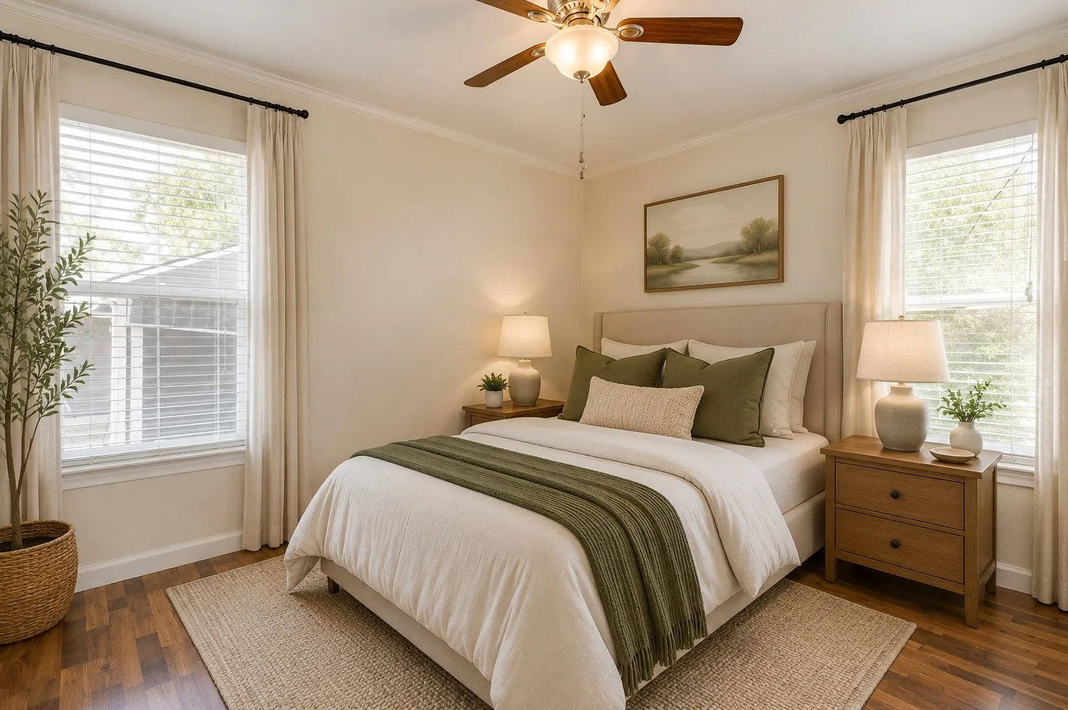 Wood laminate flooring, crown molding, and a ceiling fan with integrated lighting. Photo staged using AI.