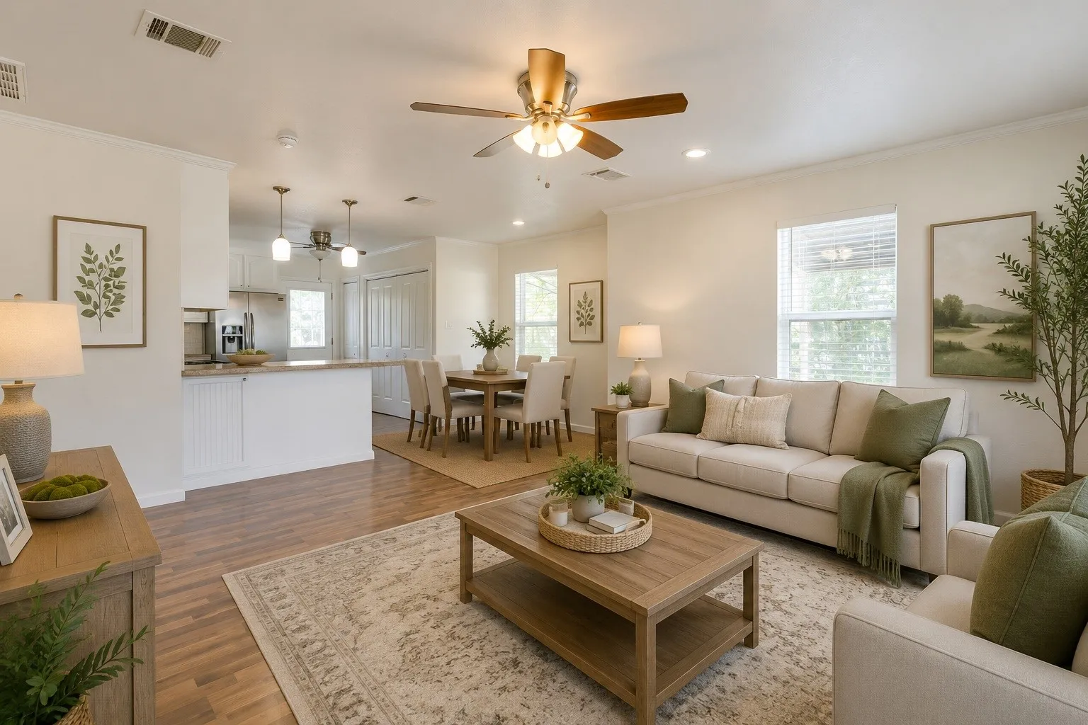 Open-concept living area featuring wood laminate flooring and white crown molding. Photo staged using AI.