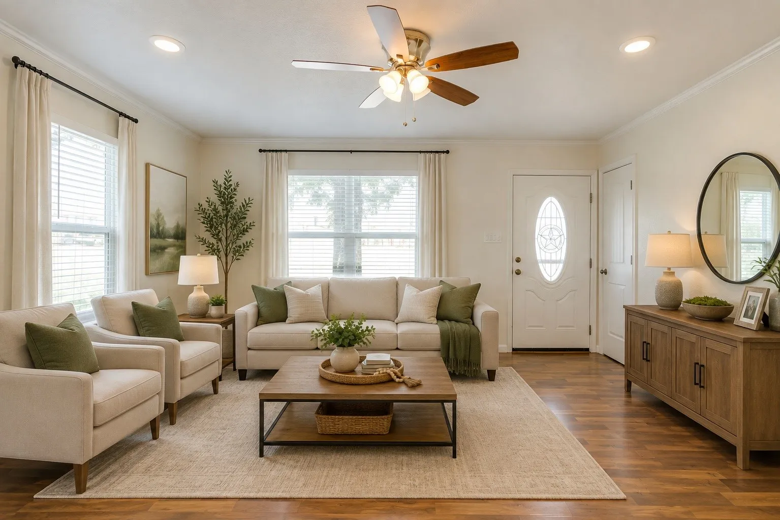 Recessed lighting and ceiling fan, wood laminate flooring, multiple windows with blinds, white entry door with oval glass insert, and built-in closet with white door. Photo staged using AI.