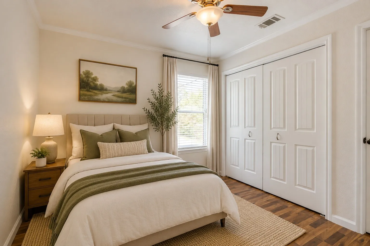 Wood laminate flooring, ceiling fan with integrated lighting, window with blinds, bi-fold closet doors, and crown molding. Picture