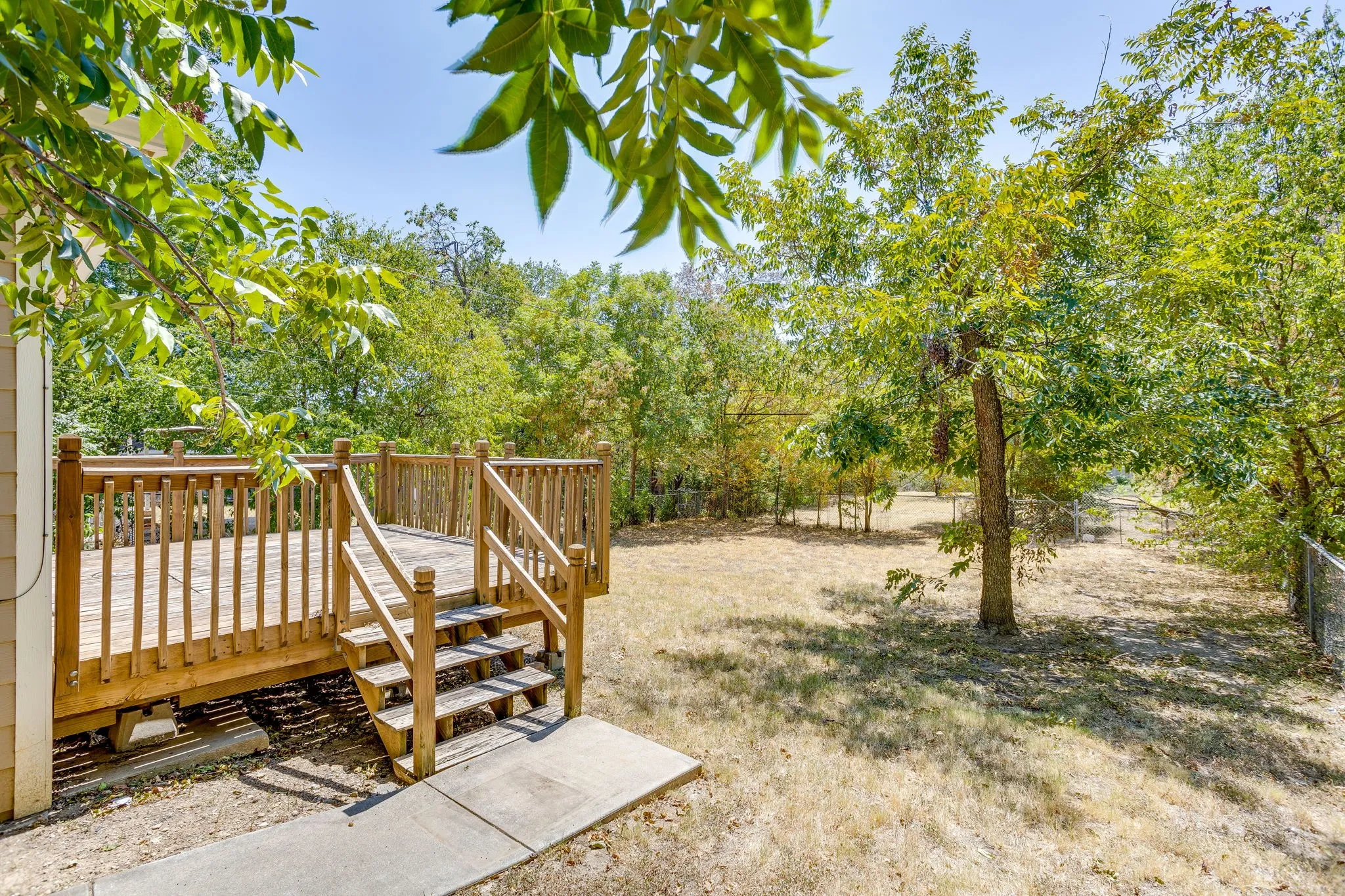 Expansive backyard featuring a wood deck with railings and steps, mature trees, and a chain-link fence