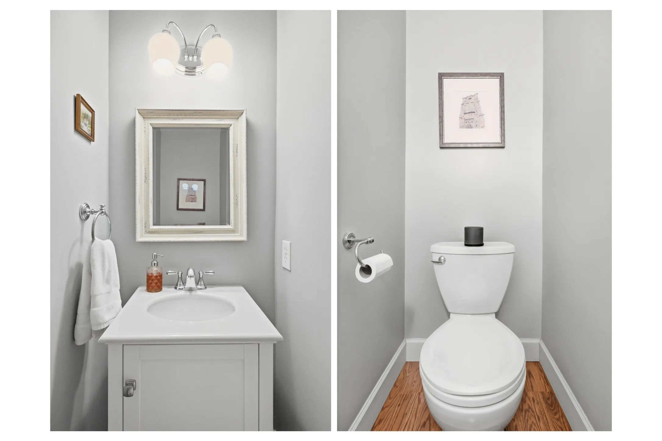 A half-bath off the dinning room — white vanity, framed mirror, and a clean, updated look. Convenient for guests without sacrificing any bedroom space.