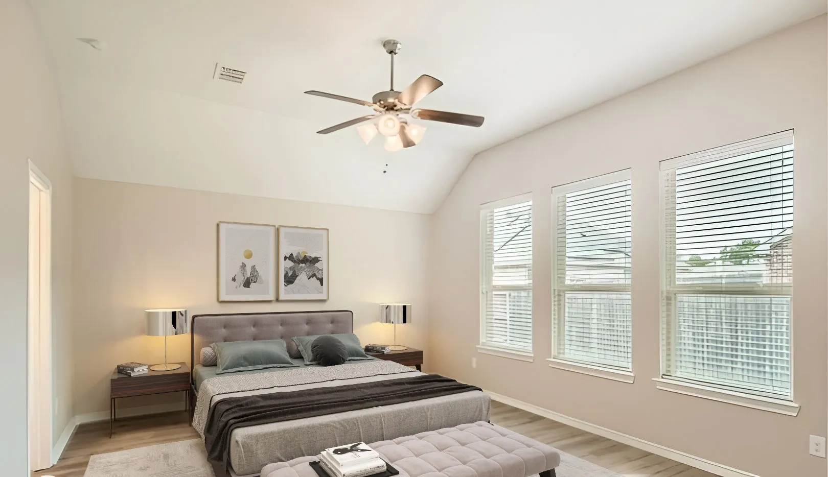 Vaulted ceiling with a ceiling fan, three large windows with blinds, and wood-finish flooring