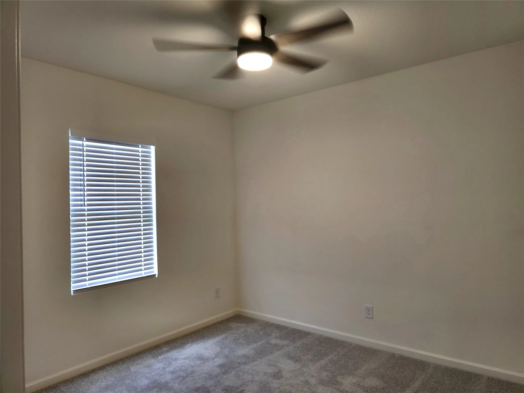 Recessed window with blinds, ceiling fan with integrated lighting, and neutral carpeting