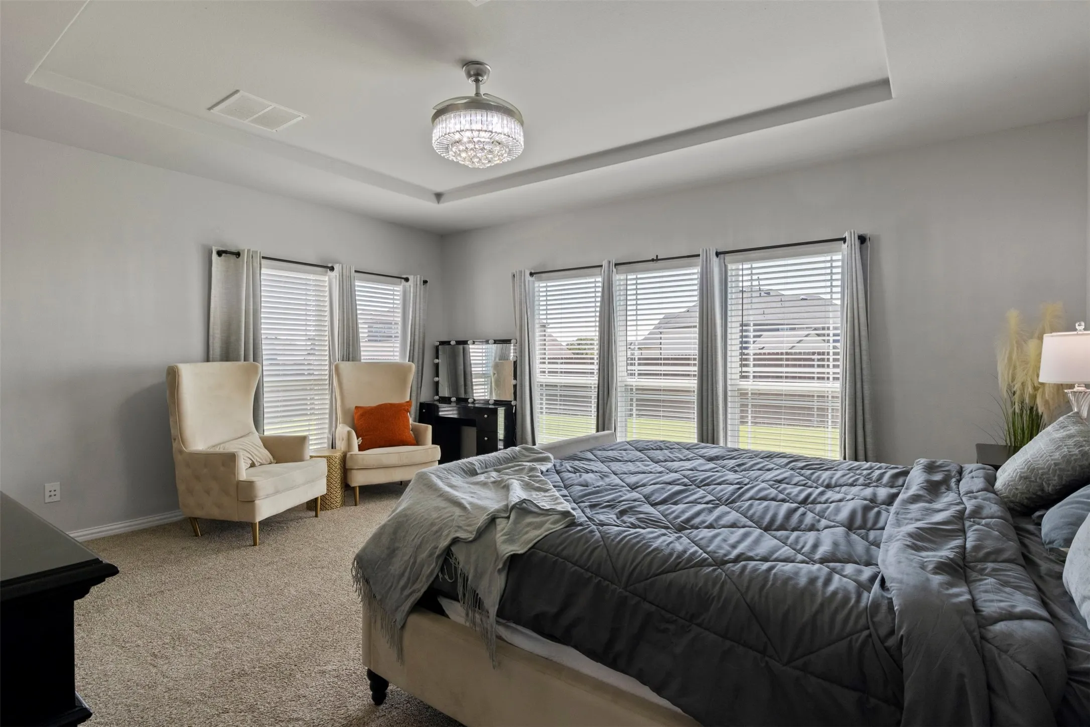 Tray ceiling with a crystal-style flush mount light fixture