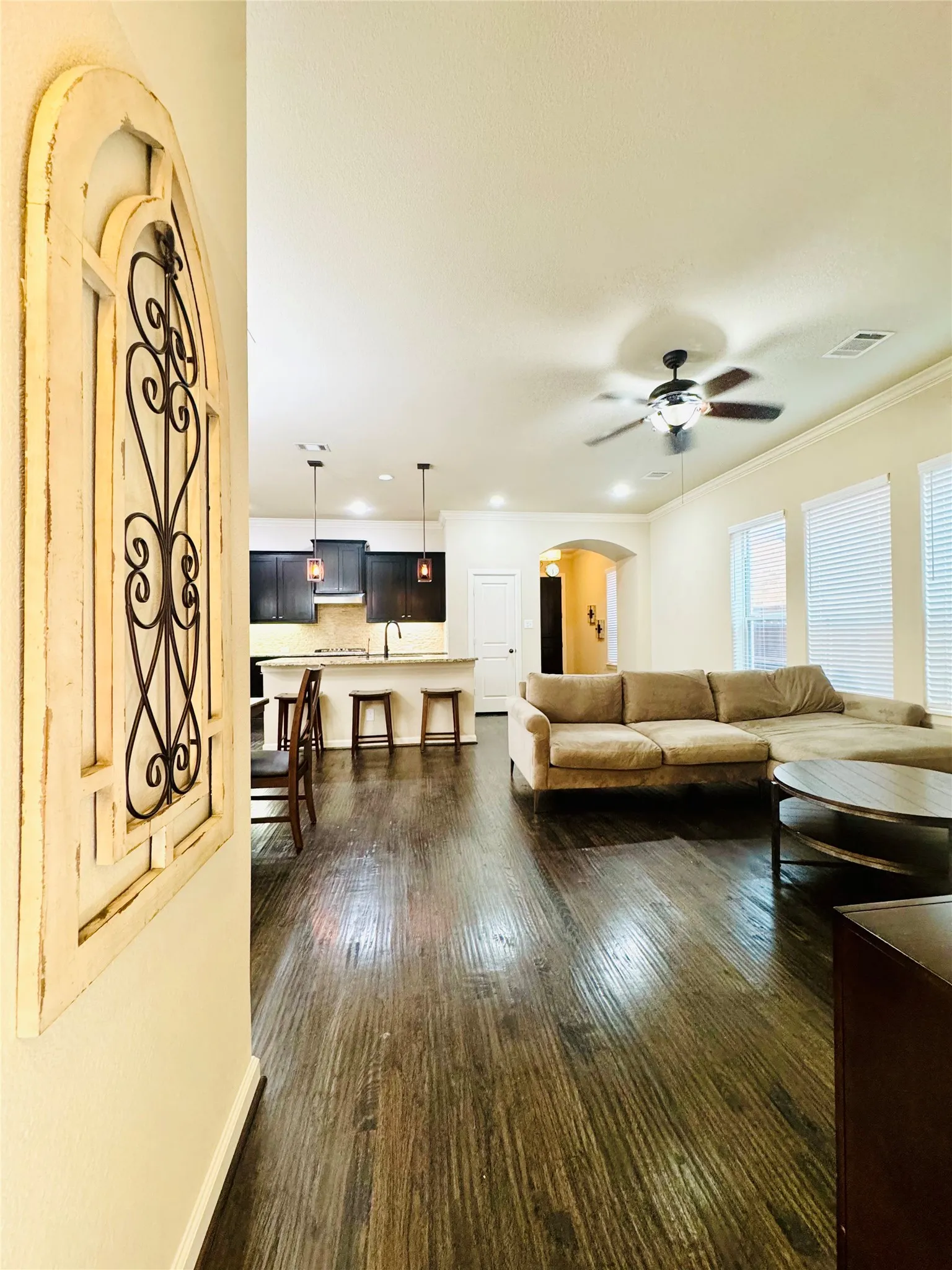Wood-finish flooring throughout, recessed lighting, ceiling fan, kitchen island with seating, dark wood cabinetry