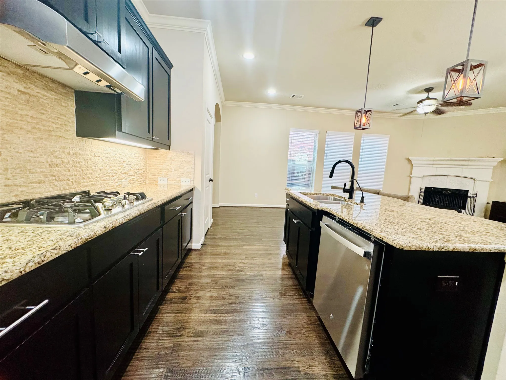 Gourmet kitchen with stainless steel appliances, gas range, wood-finish flooring, granite countertops, and dark wood cabinetry
