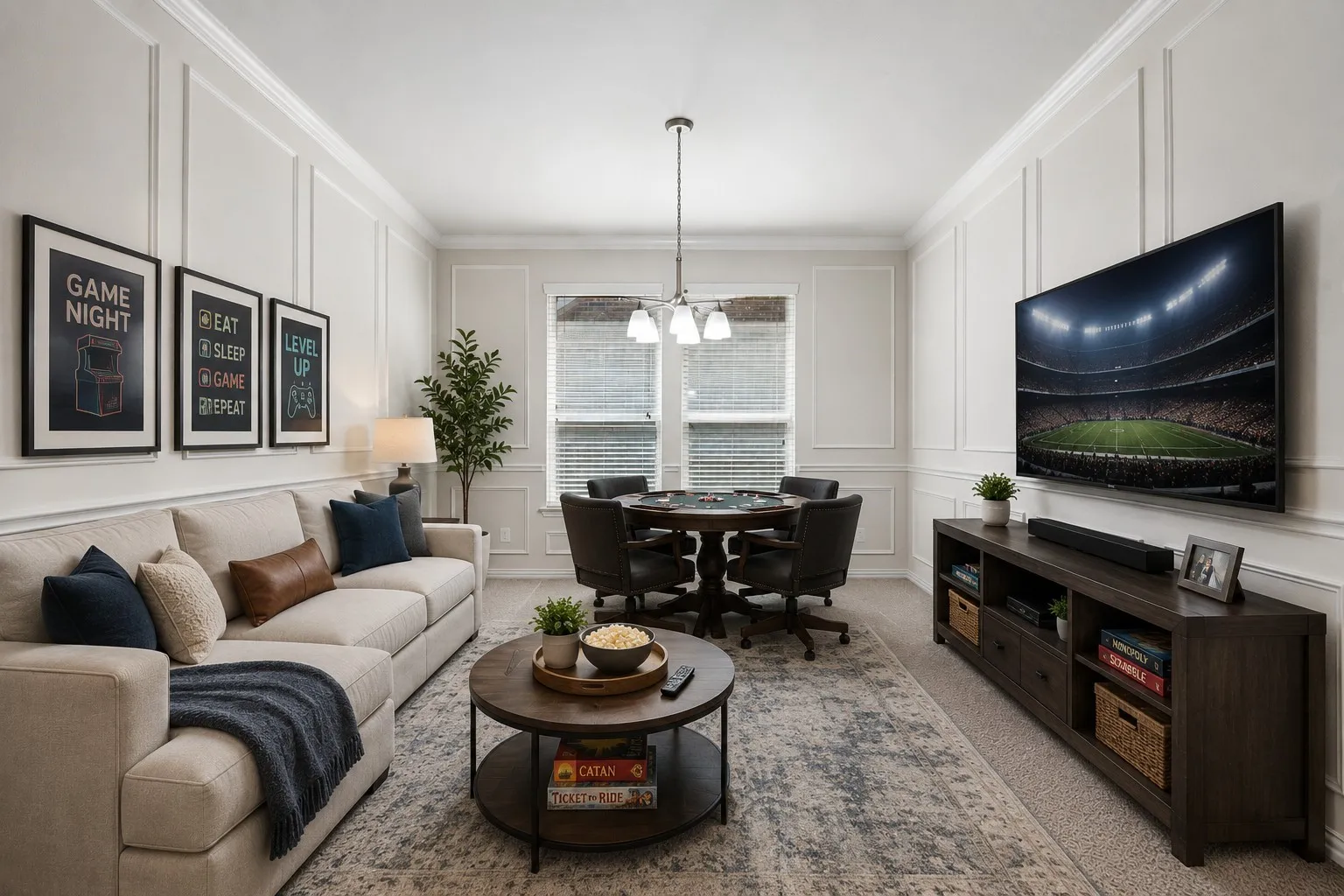 Virtually staged as a game room to showcase the versatility of the space. This formal dining area offers flexibility for a variety of uses.