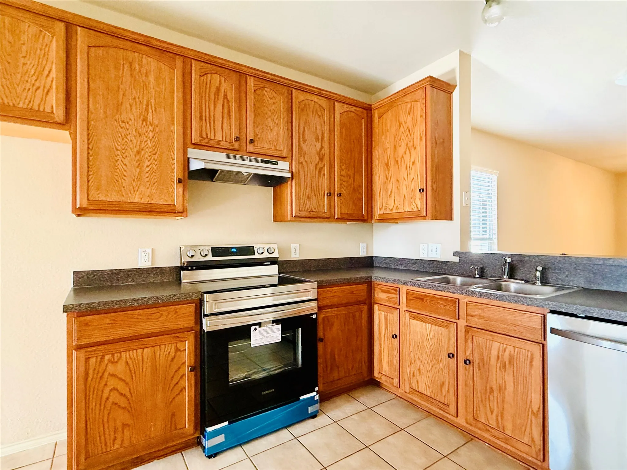 Kitchen featuring wood cabinetry, stainless steel range, and dual basin sink