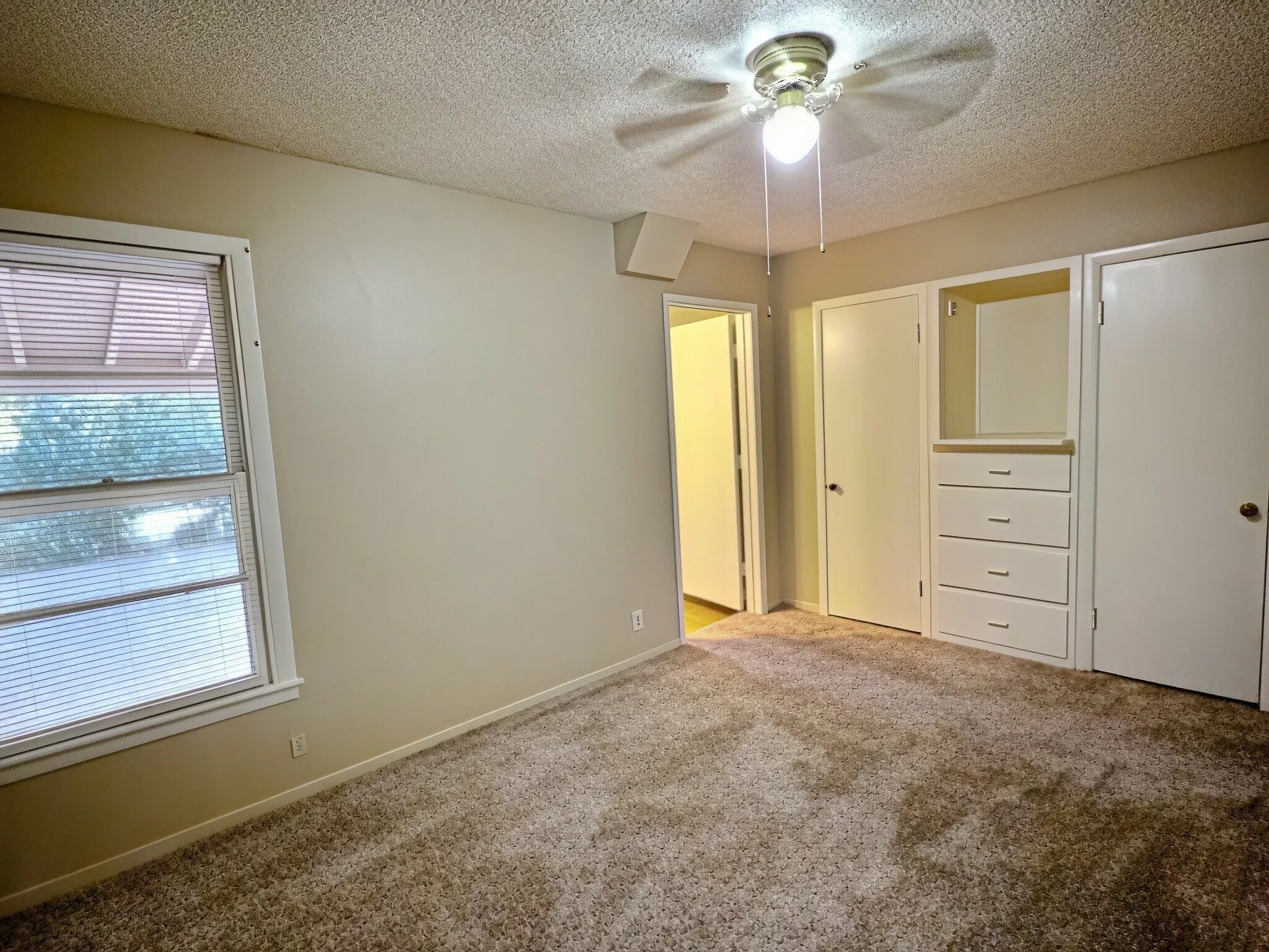 Neutral-toned carpeting, built-in wardrobe with drawers, ceiling fan with light fixture, and window with blinds