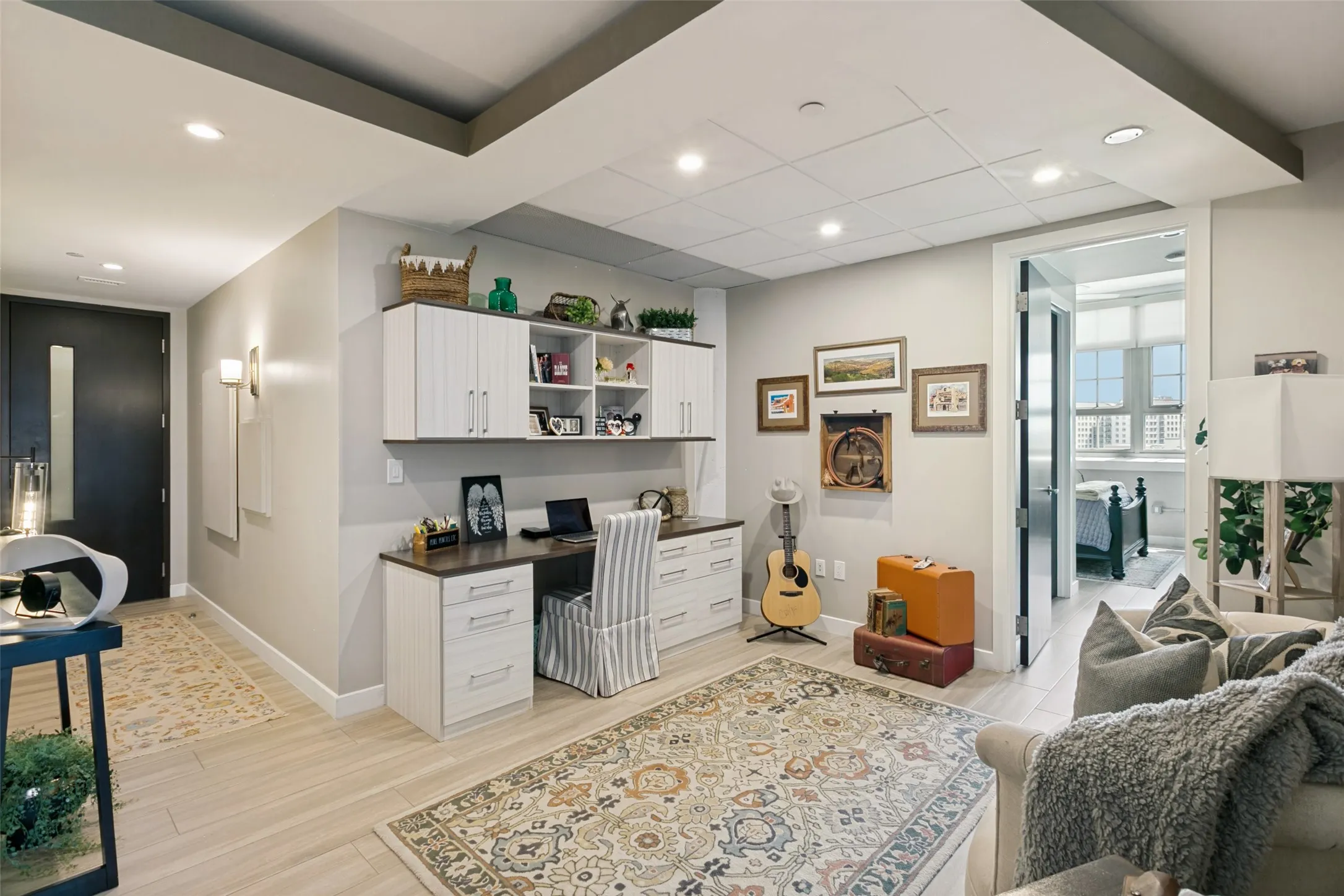 Office area with built-in desk