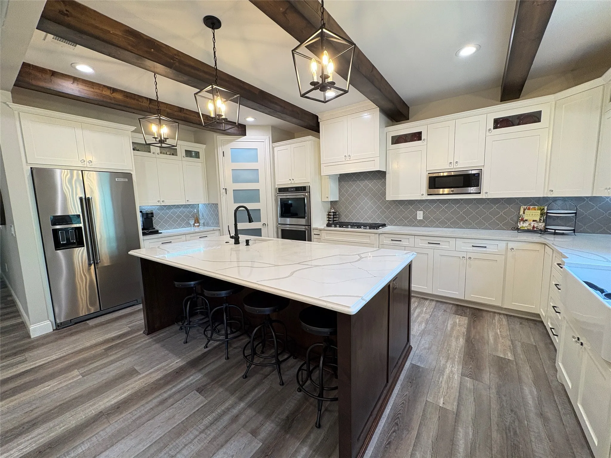 Soaring wood beams through the kitchen